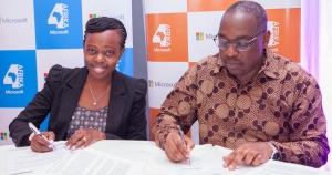 Agriculture Principal Secretary Prof Hamadi Boga right and Microsofts Kenya General Manager Kendi Ntwiga-Nderitu-sign MoU to colaborate in accelarating innovation